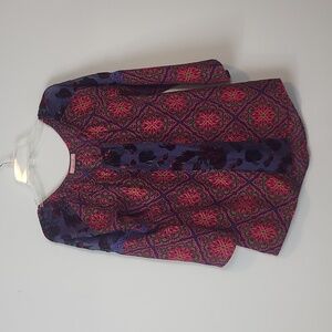 OLIVE HILL Blue Red Boho Floral Velvet Detail Bell Sleeve Blouse Top